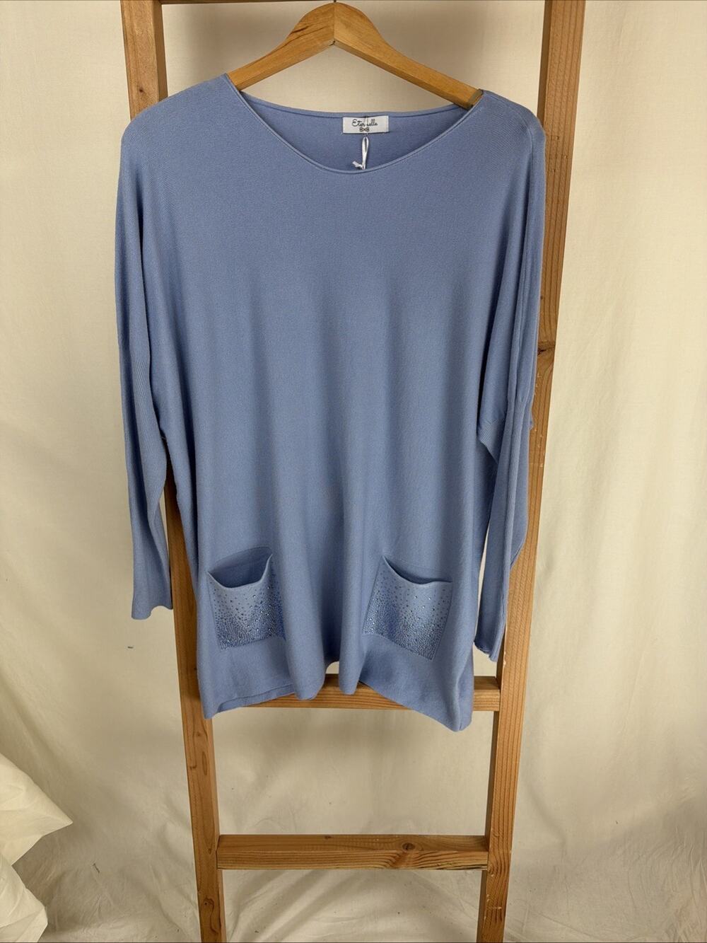 NWT Eternelle Blue Round Neck Dolman Sleeve Bedazzled Sweater #0937 Size OS